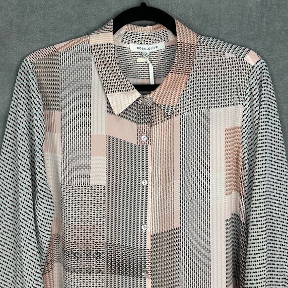 Rose And Olive Top Womens 1X Pink Geo Patchwork 3/4 Sleeve Button Front Career - Picture 2 of 12